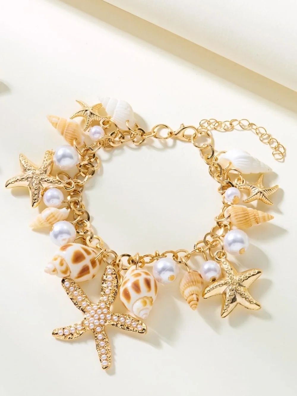 Anthropologie Gold-Tone Starfish & Shell Charm Bracelet with Pearls